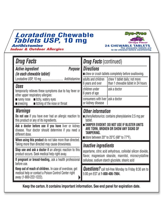 Ohm Loratadine 10mg, Chewable Tablets, Non-Drowsy Antihistamine for Indoor & Outdoor Allergies | Grape Flavor, Dye-Free, Allergy Relief (Small, 24, Count) - Image 3